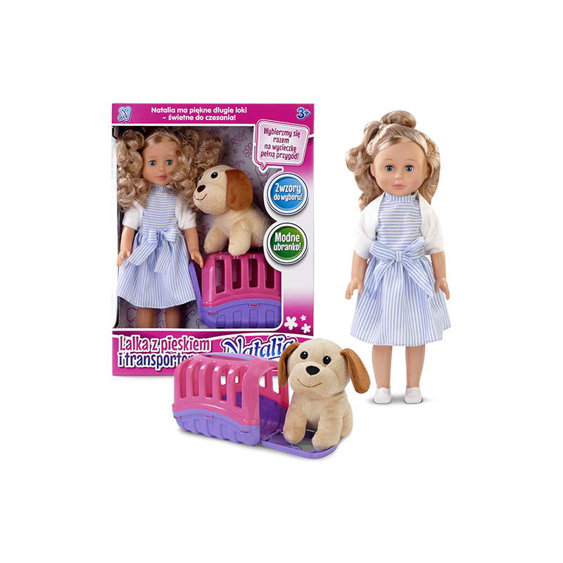 ARTYK 122873 Lalka NATALIA w sukience z pieskiem i transporterem