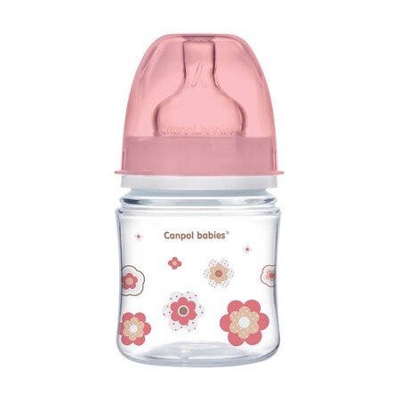 CANPOL 35/216 Butelka szerokootworowa antykolkowa Easystart Newborn Baby 120 ml różowe kwiaty
