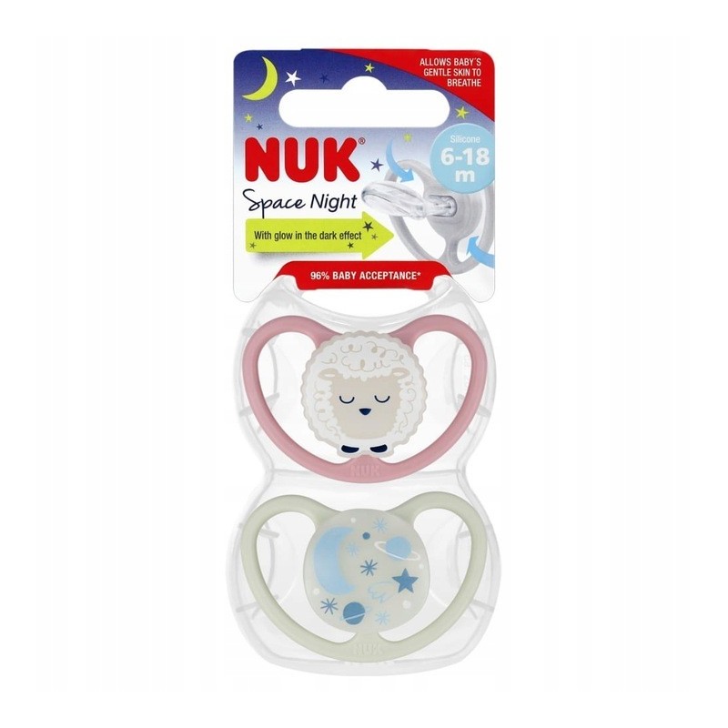 NUK 736619 Smoczek 6-18m silikon SPACE NIGHT 2 szt.