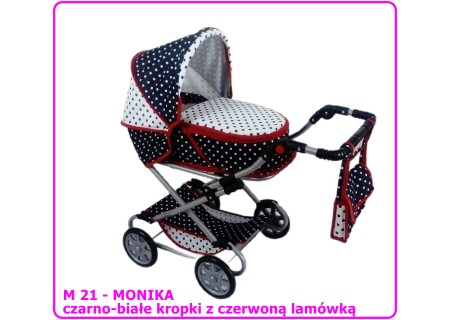 Wózek dla lalek głęboko-spacerowy MONIKA M21 czarno-białe kropki z czerwoną lamówką