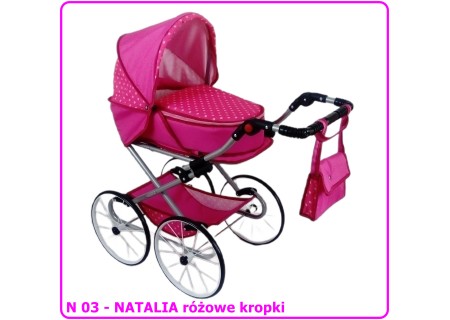 Wózek dla lalek głęboko-spacerowy NATALIA RETRO N03 różowe kropki