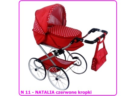 Wózek dla lalek głęboko-spacerowy NATALIA RETRO N11 czerwony w kropki