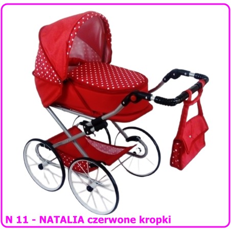 Wózek dla lalek głęboko-spacerowy NATALIA RETRO N11 czerwony w kropki